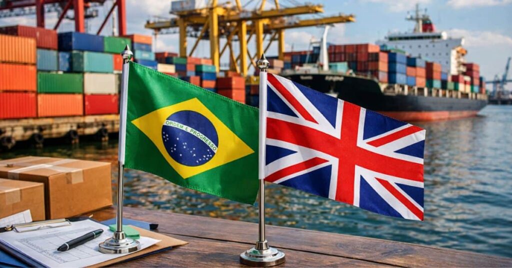 Imagem de IA representando comércio entre Brasil e Reino Unido em 2025