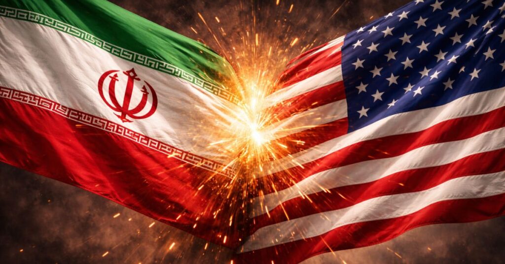 Irã ataca Catar simbolizado por bandeiras do Irã e dos EUA em colisão com faíscas