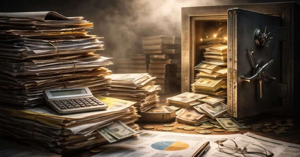 Orçamento da Justiça estadual simbolizado por cofre aberto com dinheiro e pilhas de documentos sobre mesa.