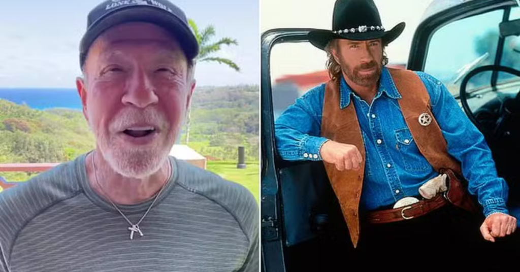 ator Chuck Norris em imagem recente e em cena clássica de filme de ação — Foto: Reprodução/X