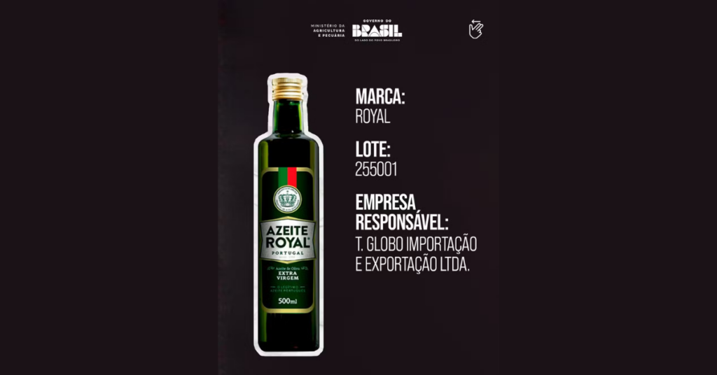azeite Royal lote 255001 proibido pela Anvisa após fraude na composição - Foto: Reprodução/MAPA