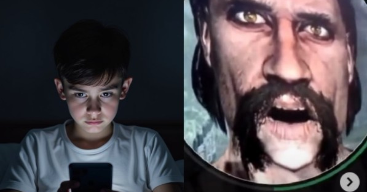 Criança usando celular ao lado de personagem criado no Skyrim para burlar verificação de idade - Foto: Reprodução/Redes Sociais