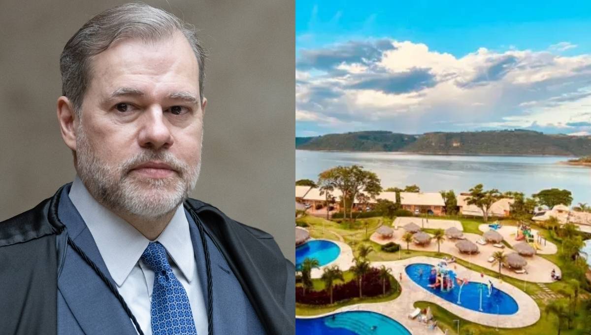 Ministro do STF Dias Toffoli ao lado de imagem do resort Tayayá, investigado pela PF por suspeita de crime financeiro ligado a fundos do Banco Master