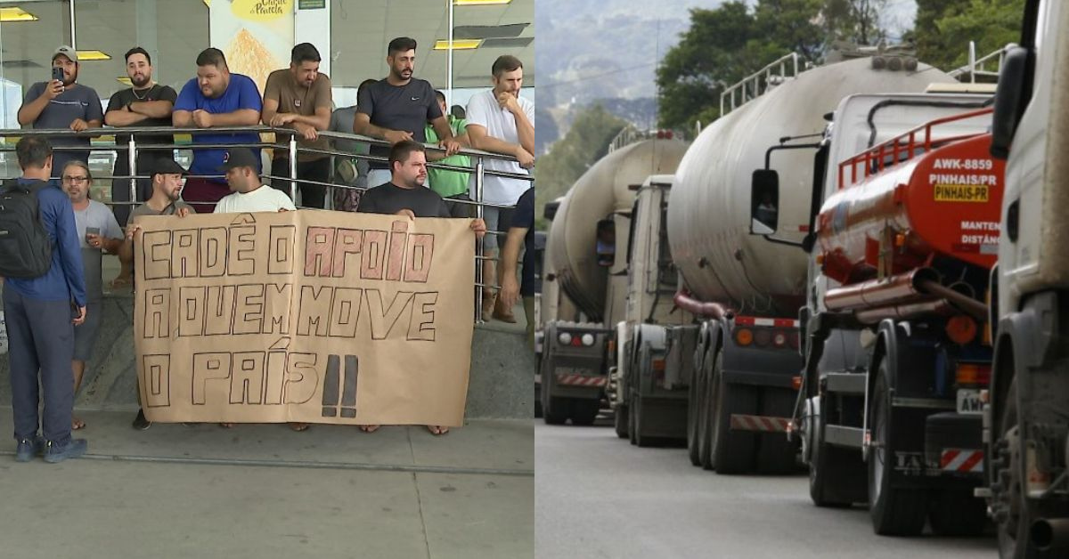 Caminhoneiros com faixa de protesto e caminhões-tanque em fila durante crise do diesel no Brasil - Foto: NDTV RECORD/Reprodução/ND Mais