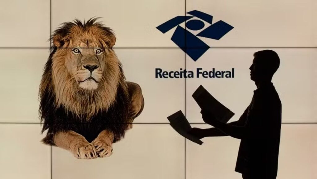 símbolo do leão do Imposto de Renda ao lado do logo da Receita Federal