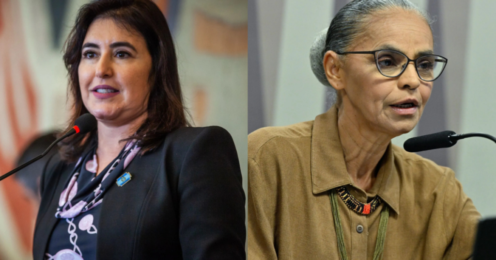 Marina Silva e Simone Tebet durante eventos oficiais enquanto aguardam definição da estratégia eleitoral do PT em São Paulo - Foto 1: Diogo Zacarias/MF | Foto 2: Geraldo Magela/Agência Senado