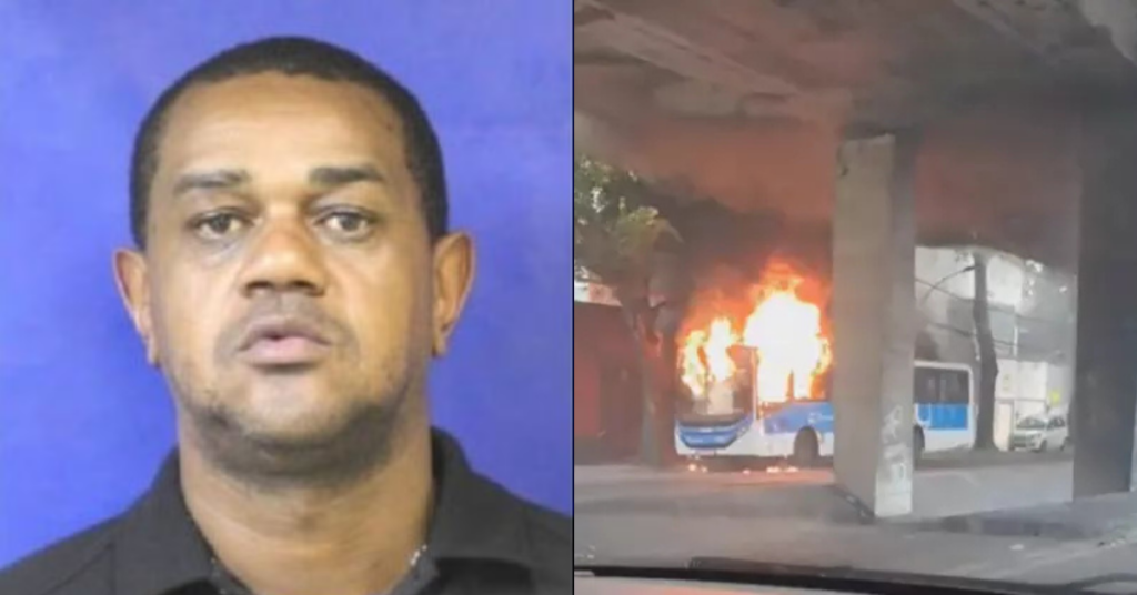 operação da PM no Rio com ônibus incendiado e imagem de Jiló dos Prazeres - Reprodução/Redes Sociais