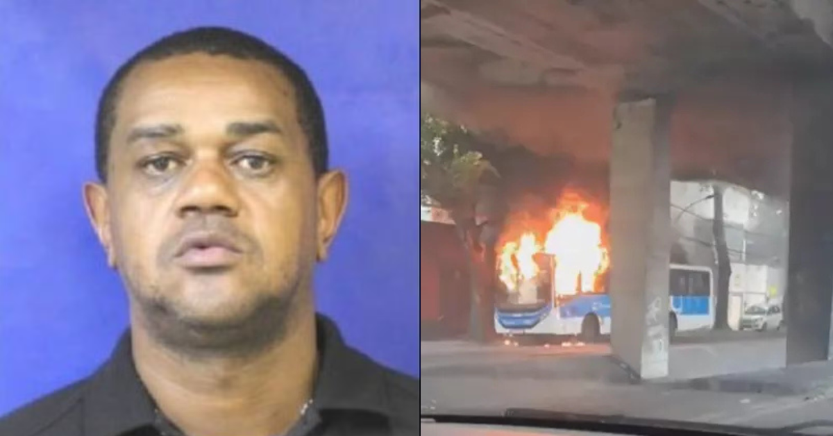 operação da PM no Rio com ônibus incendiado e imagem de Jiló dos Prazeres - Reprodução/Redes Sociais