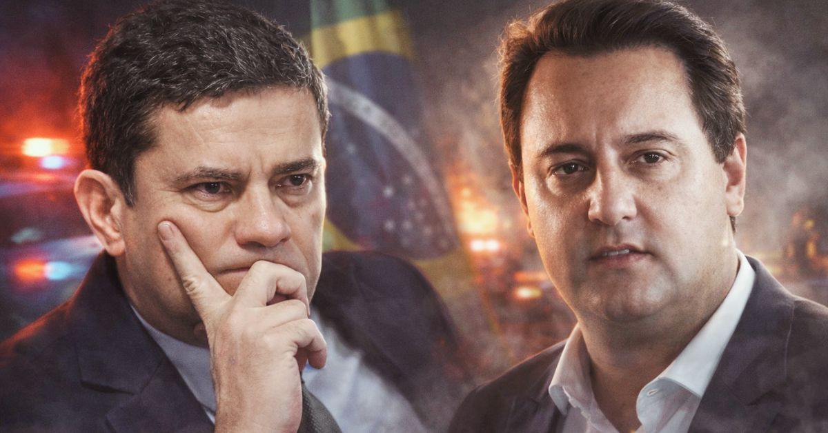 Sérgio Moro e Ratinho Jr em cenário de tensão política no Paraná com bandeira do Brasil ao fundo