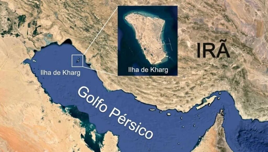 Mapa mostra a localização da ilha de Kharg no Golfo Pérsico, no Irã