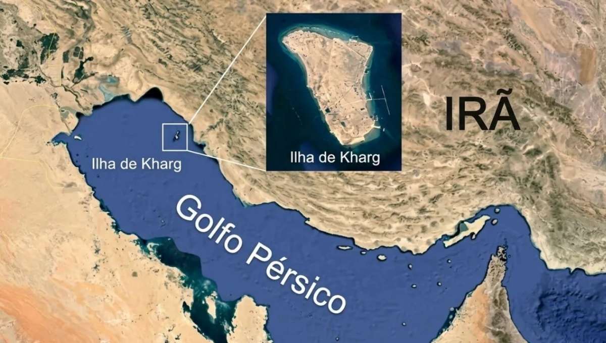 Mapa mostra a localização da ilha de Kharg no Golfo Pérsico, no Irã