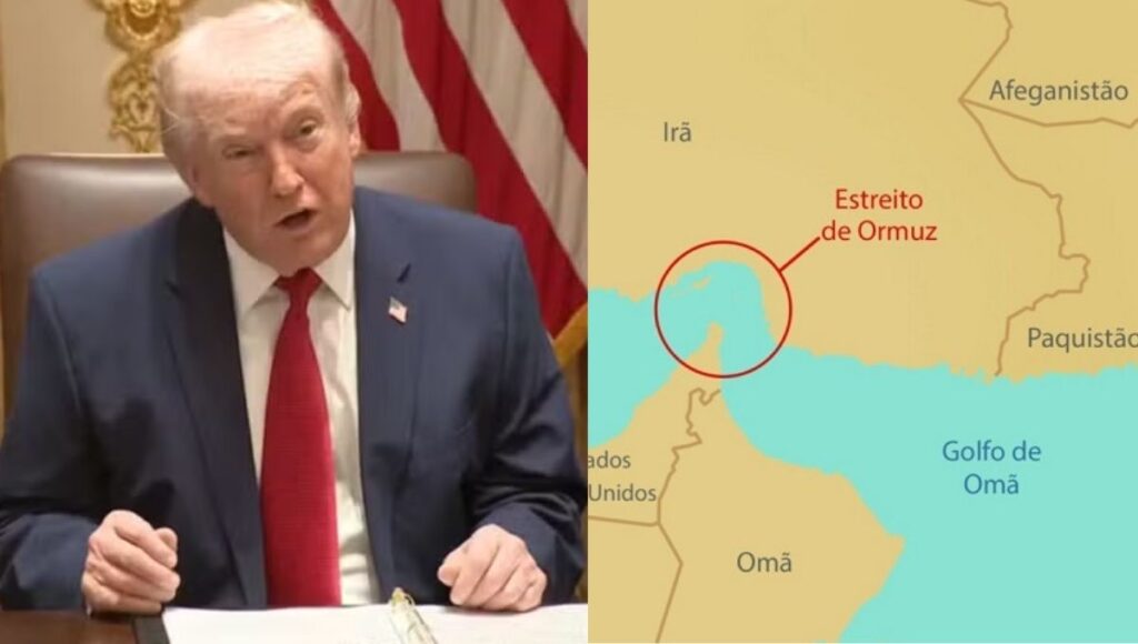 Donald Trump durante declaração sobre petróleo ao lado de mapa do Estreito de Ormuz, região central da crise global de energia