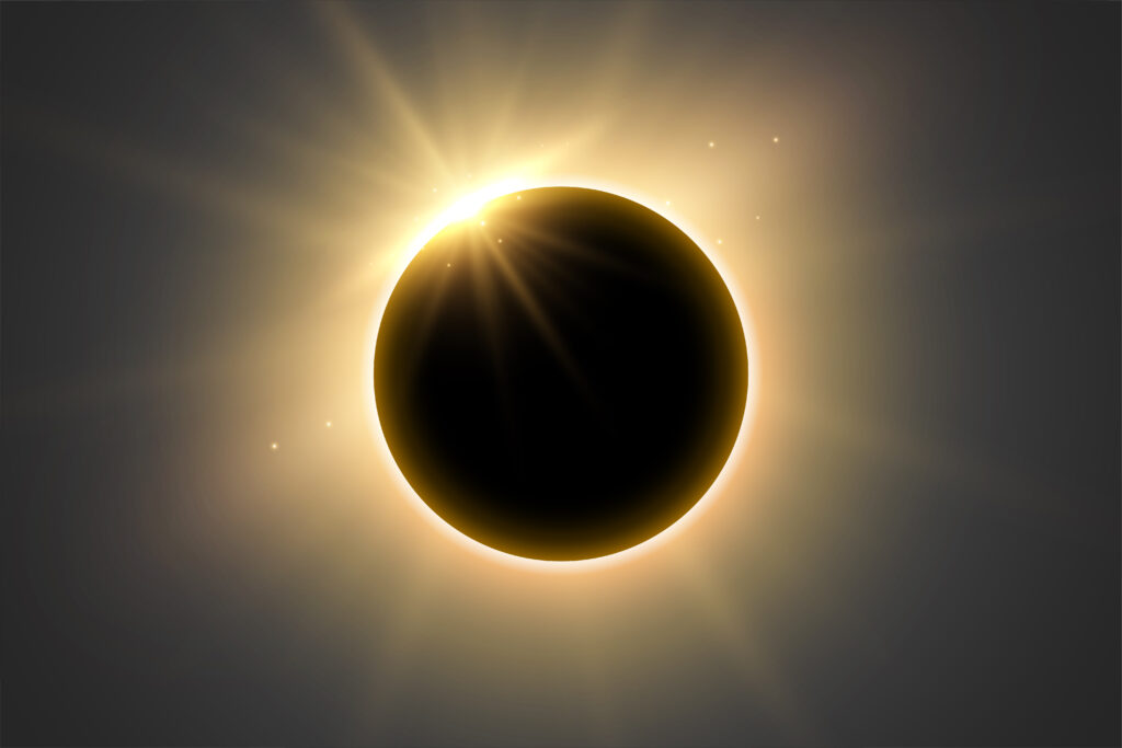 Eclipse solar total com coroa solar visível durante fenômeno raro de longa duração - Foto: Freepik