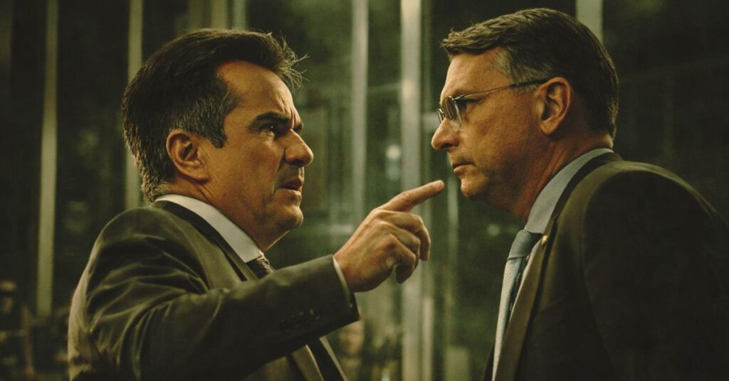 Ciro Nogueira em discussão política simbolizando tensão no apoio a Flávio Bolsonaro e críticas dentro da direita