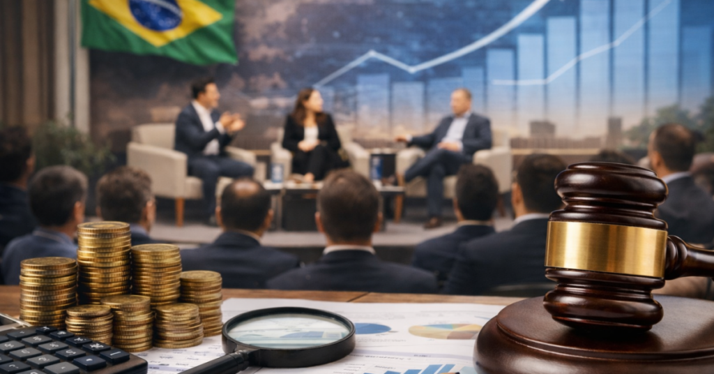 Empresas analisam planejamento tributário durante evento sobre reforma tributária no Brasil com gráficos e moedas - Foto: Ilustrativa