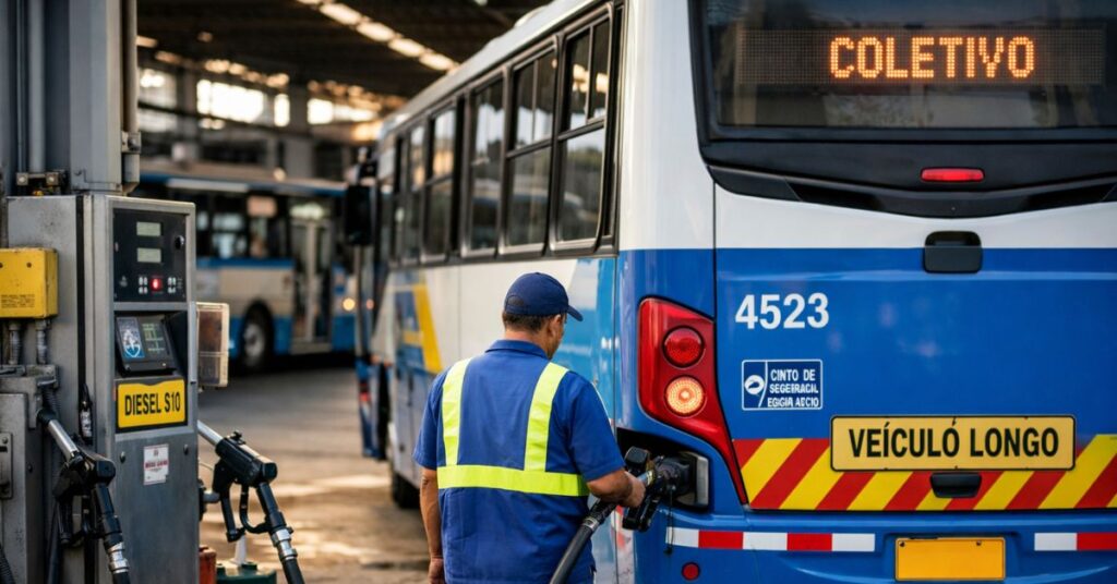Ônibus urbano sendo abastecido com diesel em garagem no Brasil durante crise no transporte público urbano