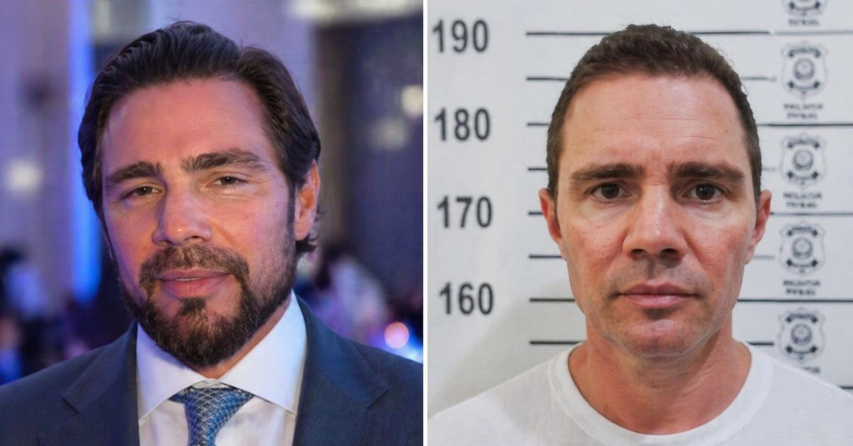 Daniel Vorcaro em imagem comparativa entre evento público e registro após prisão no caso Banco Master