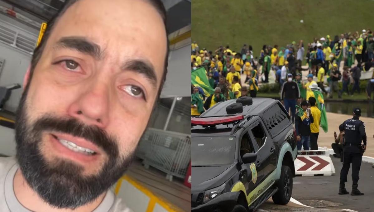 Empresário ligado ao 8 de janeiro, Esdras Jônatas, e cena de manifestação com apoiadores em Brasília