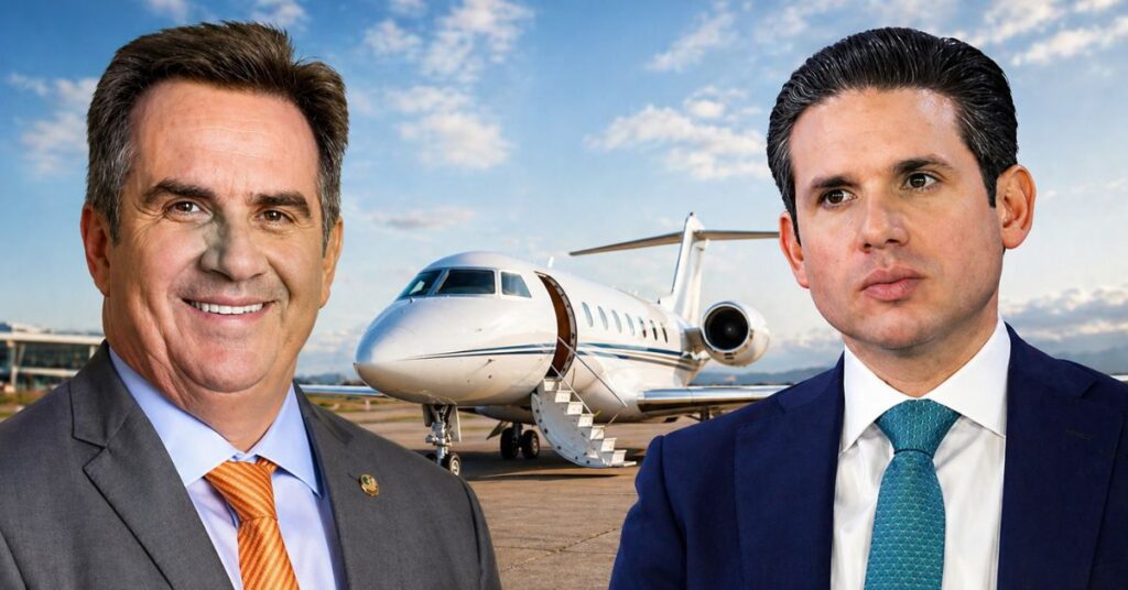 Hugo Motta e Ciro Nogueira em montagem com jato investigado pela PF em caso de malas sem fiscalização