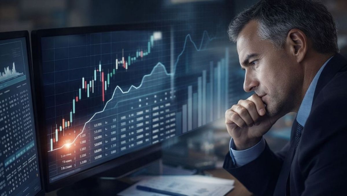 Executivo analisa dados financeiros em tela durante cenário de mudança com reforma tributária