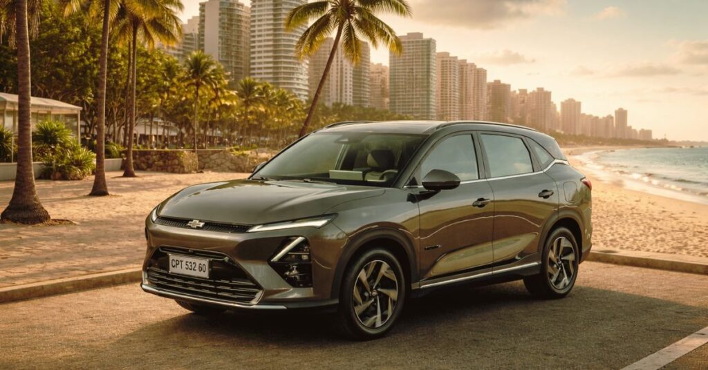 SUV elétrico Chevrolet Captiva EV em cenário urbano com praia, modelo que ganha destaque em Fortaleza pelo baixo custo de uso
