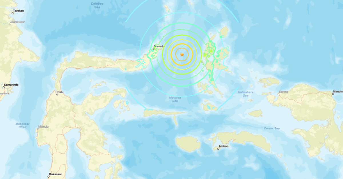 Mapa mostra epicentro do terremoto na Indonésia no Mar de Molucca com círculos indicando a intensidade do tremor - Foto: Reprodução/USGS