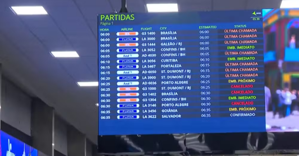 Painel de voos cancelados no Aeroporto de Congonhas após falha no espaço aéreo de São Paulo - Foto: Reprodução/TV Globo