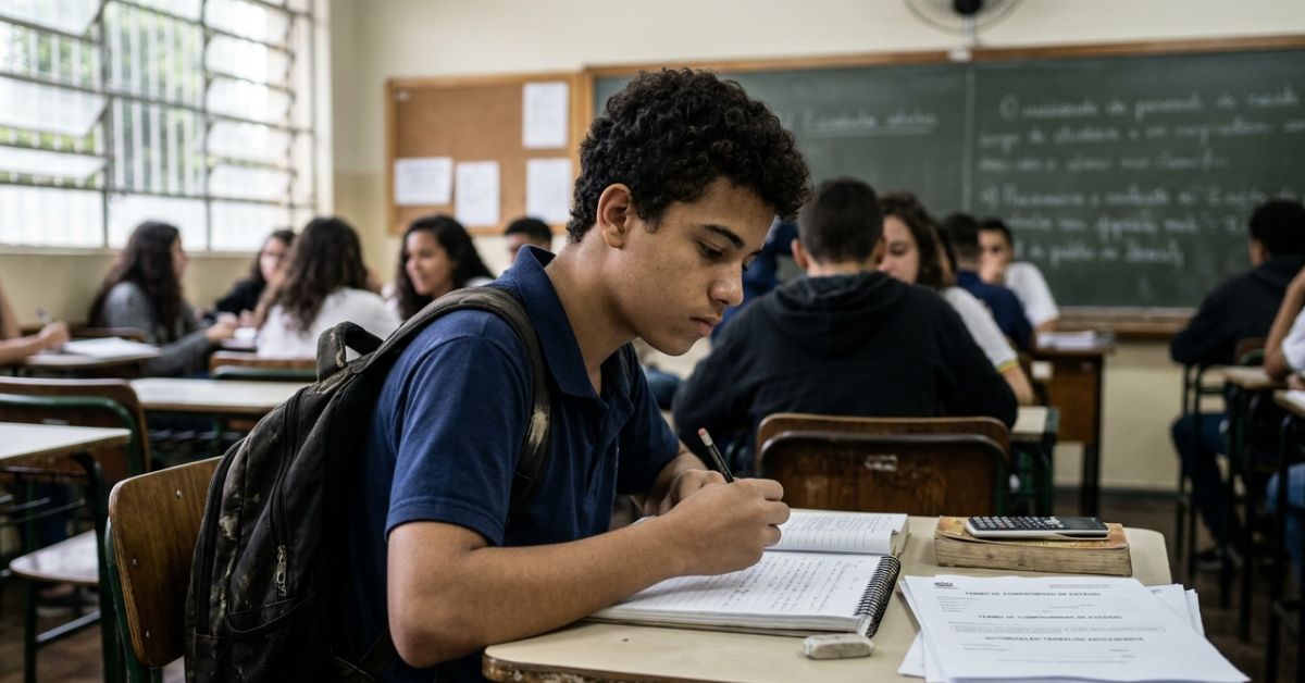 Adolescente em sala de aula ilustra dúvida sobre criança pode trabalhar no Brasil
