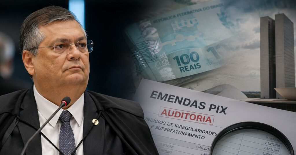 Flávio Dino no STF em arte jornalística sobre auditoria nas emendas Pix e suspeitas de superfaturamento