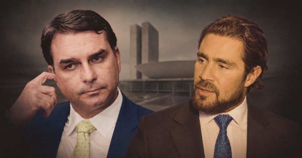 Flávio Bolsonaro e Daniel Vorcaro em montagem sobre cobrança por repasses ao filme de Bolsonaro