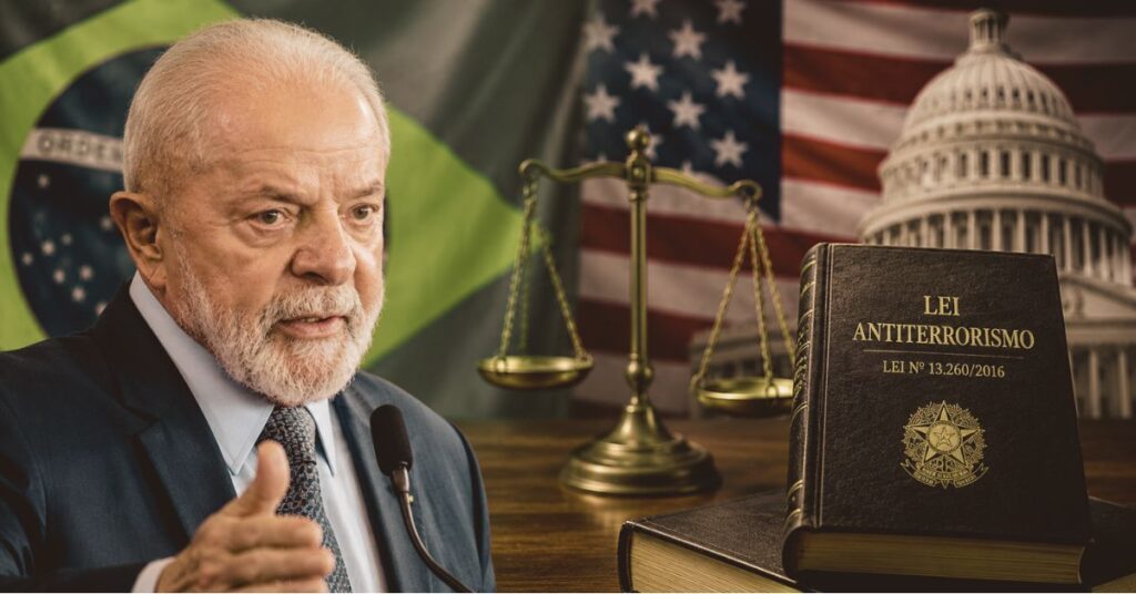 Lula em montagem editorial sobre Lei Antiterrorismo, PCC, Comando Vermelho e decisão dos Estados Unidos.