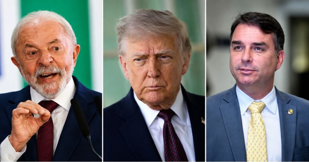Lula, Donald Trump e Flávio Bolsonaro em imagem sobre decisão dos EUA de tratar PCC e Comando Vermelho como terroristas.