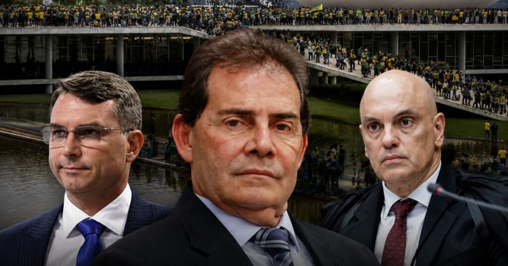 Alexandre de Moraes, Paulinho da Força e Flávio Bolsonaro diante de imagem dos atos em Brasília durante crise sobre Lei da Dosimetria