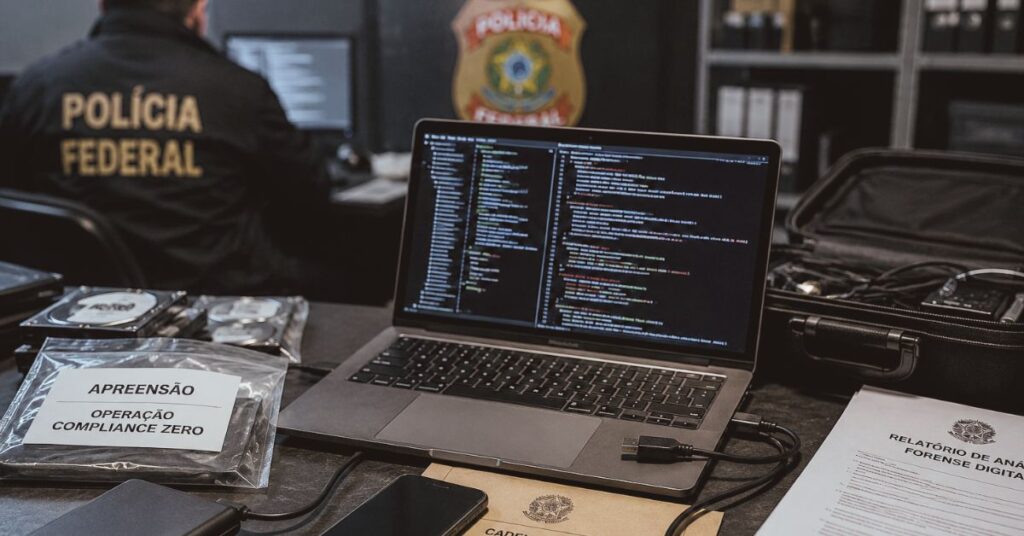 Mesa com notebook, celular, HDs e documentos em investigação sobre núcleo hacker do Banco Master na Operação Compliance Zero.