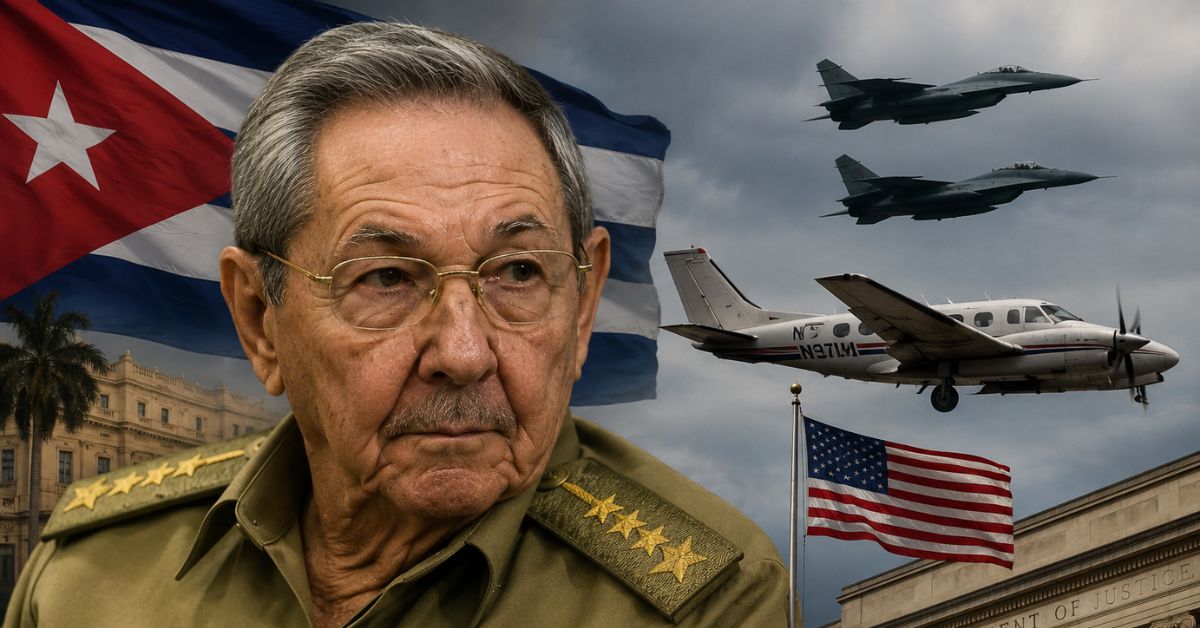 Raúl Castro em composição com bandeira de Cuba, aviões e prédio do Departamento de Justiça dos EUA após indiciamento ligado ao caso de 1996