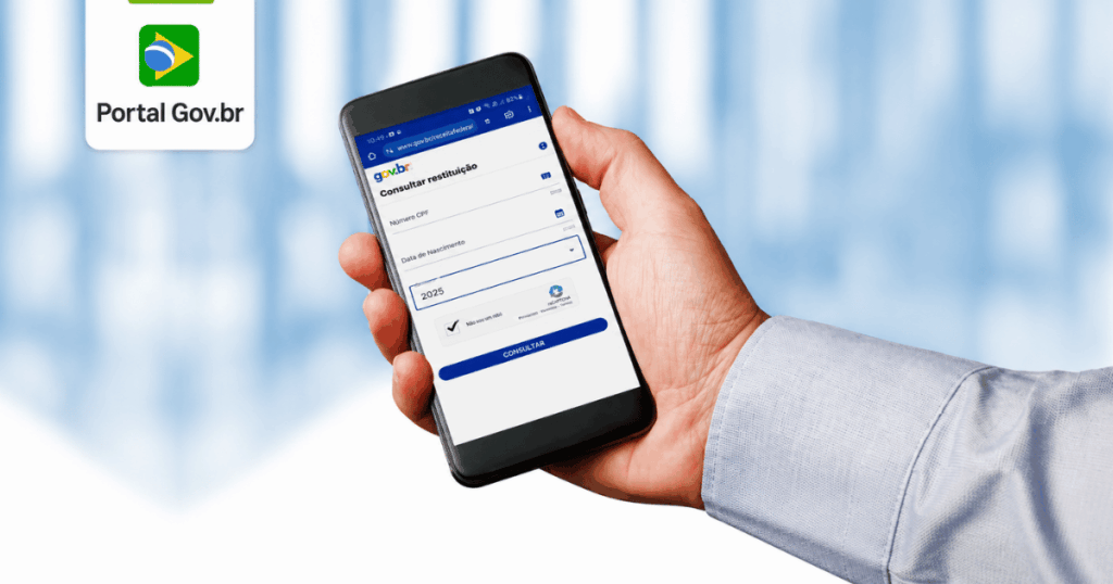 Celular exibe página de consulta da restituição do Imposto de Renda 2026 no portal Gov.br da Receita Federal.
