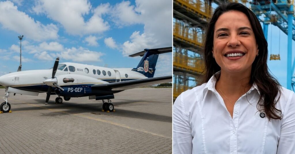 Raquel Lyra ao lado de montagem com avião Beechcraft King Air 260 adquirido pelo Governo de Pernambuco para missões aeromédicas.