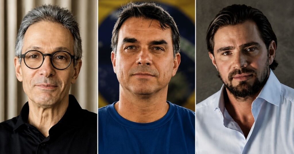 Montagem com Romeu Zema, Flávio Bolsonaro e Daniel Vorcaro em fundo neutro, ilustrando a disputa política na direita brasileira e as críticas envolvendo a relação entre o senador e o controlador do Banco Master.