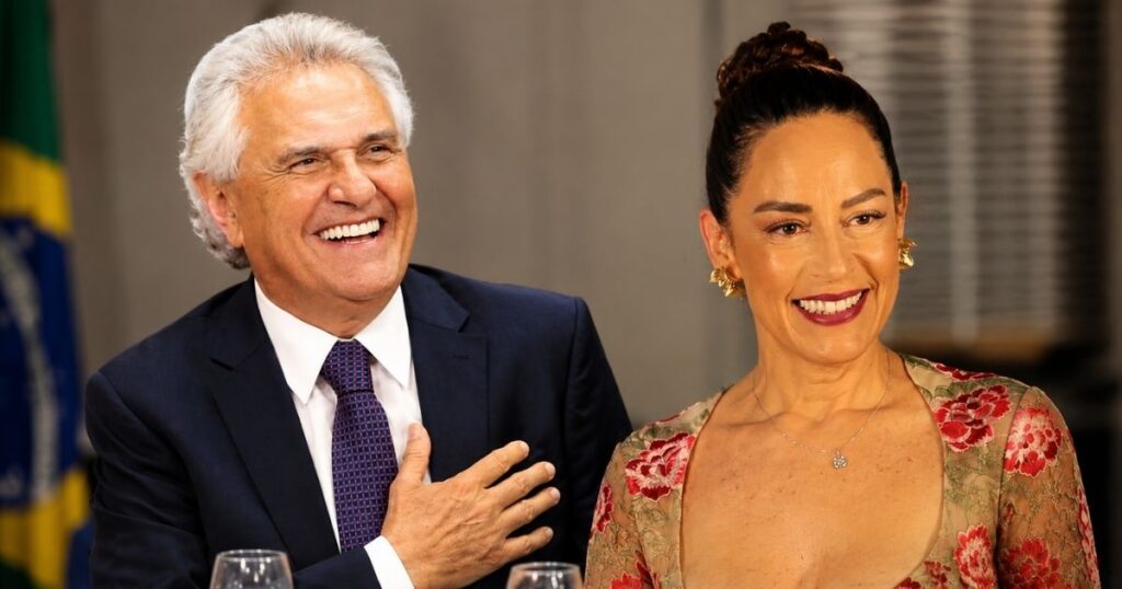 Montagem com Ronaldo Caiado e Silvia Abravanel após o governador citar a apresentadora como possível vice em uma chapa presidencial para as eleições de 2026.