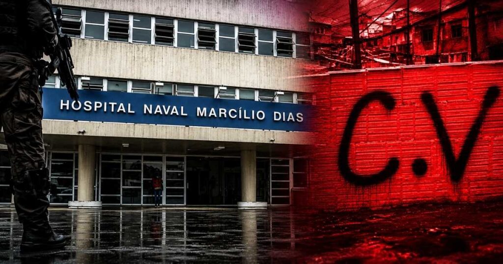 Hospital Naval Marcílio Dias ao lado de imagem associada ao Comando Vermelho em montagem sobre decisão da Justiça Federal no Rio de Janeiro.
