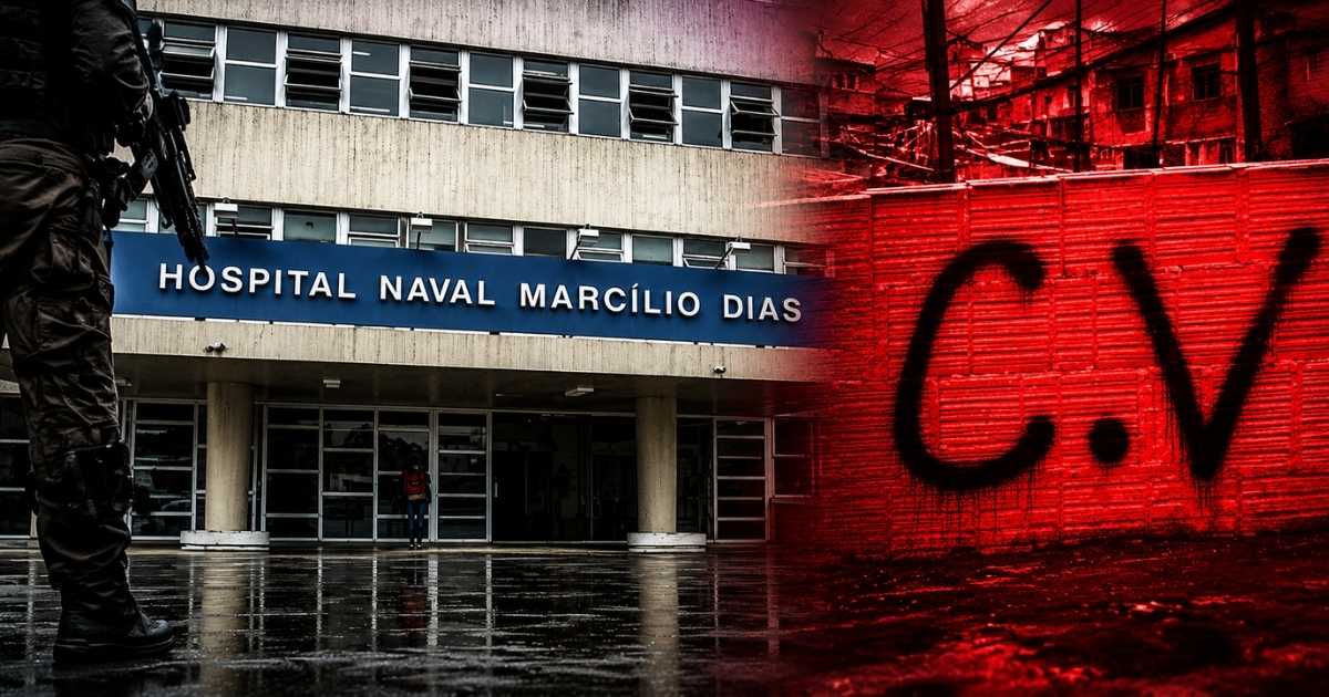 Hospital Naval Marcílio Dias ao lado de imagem associada ao Comando Vermelho em montagem sobre decisão da Justiça Federal no Rio de Janeiro.