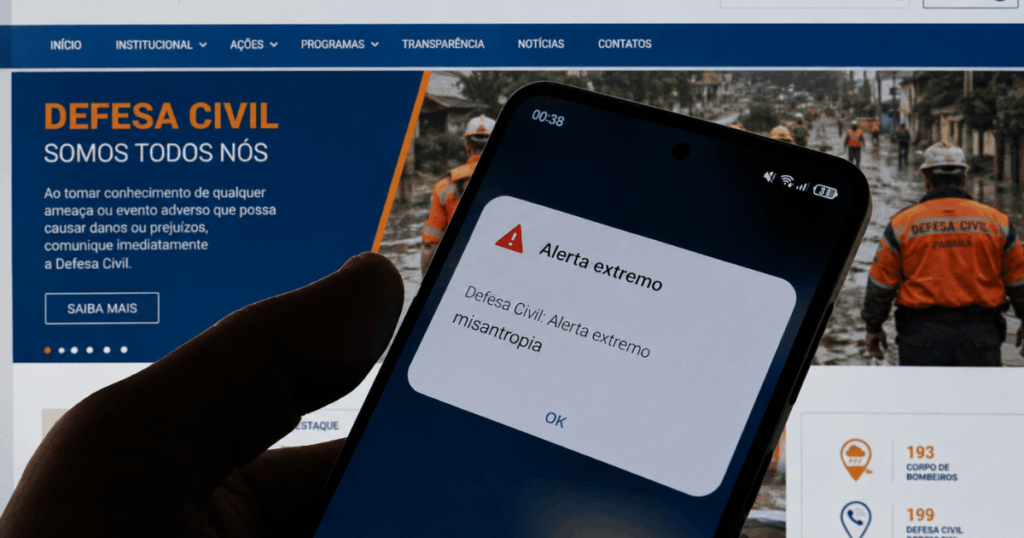 Celular exibe alerta extremo falso da Defesa Civil enquanto site institucional da Defesa Civil aparece ao fundo em computador.