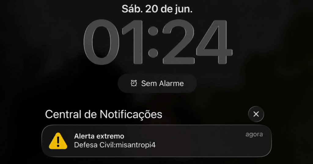 Tela de celular exibe alerta extremo falso da Defesa Civil enviado durante invasão ao sistema nacional de alertas de emergência.
