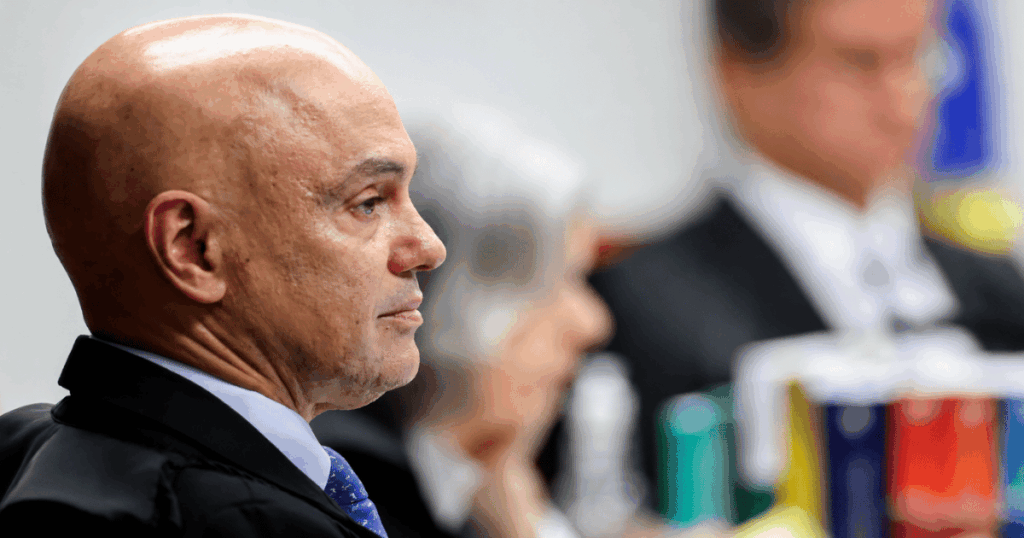 Alexandre de Moraes, ministro do STF, durante sessão da Corte. Moraes deu prazo de 15 dias para a PGR se manifestar sobre investigação envolvendo o senador Flávio Bolsonaro por suposta calúnia contra o presidente Lula.