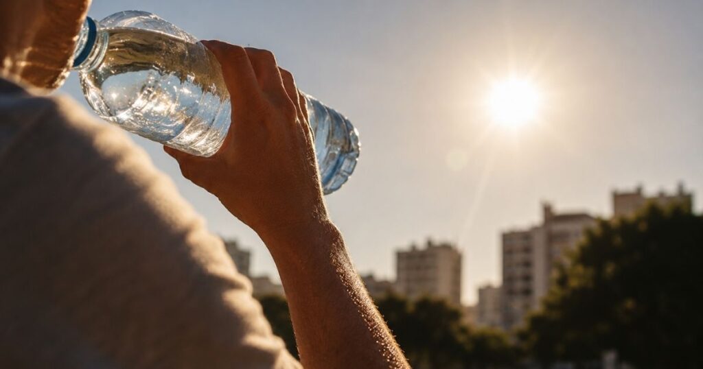 Pessoa bebe água em área urbana sob sol intenso durante período de baixa umidade do ar, com foco na garrafa e nas condições climáticas