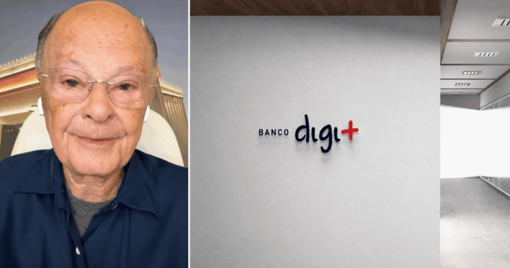 Edir Macedo ao lado da marca do Banco Digimais, instituição investigada pela Polícia Federal na Operação Miragem por suspeitas de fraude contábil e manipulação de balanços.