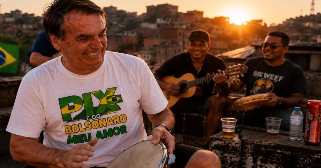 Jair Bolsonaro aparece tocando pandeiro em vídeo de campanha divulgado por Flávio Bolsonaro, com camiseta estampada com a frase "Pix é do Bolsonaro, meu amor".
