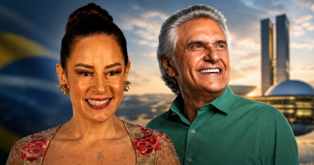 Montagem com Ronaldo Caiado e Silvia Abravanel após o governador citar a apresentadora como possível vice em uma chapa presidencial para as eleições de 2026.