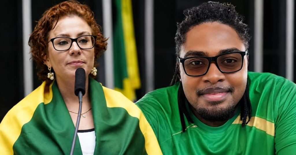 Carla Zambelli e o jornalista Luan Araújo em montagem após decisão da Justiça de São Paulo que determinou prisão em regime aberto por dívida decorrente de condenação por difamação.
