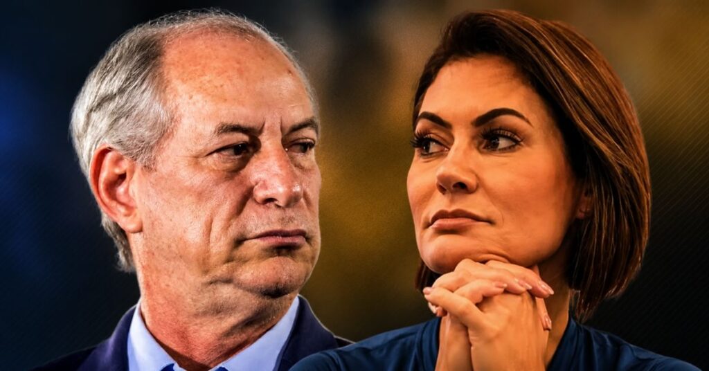 Ciro Gomes e Michelle Bolsonaro em montagem sobre crise envolvendo apoio do PL no Ceará.